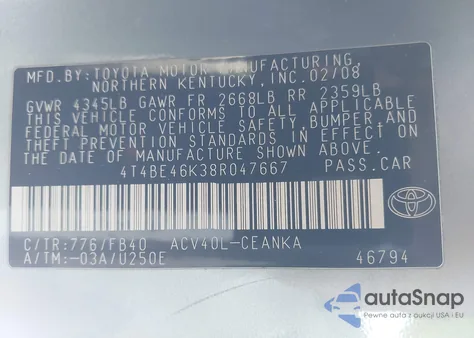 2008 Toyota Camry Le from USA, damaged, VIN 4T4BE46K38R047667